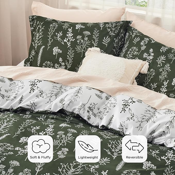 Bedsure King Comforter Set - Dark Olive Green Bed Set, 3 Pieces Cute Floral Bedding, 1 Soft Reversible Botanical Flowers Comforter and 2 Pillow Shams