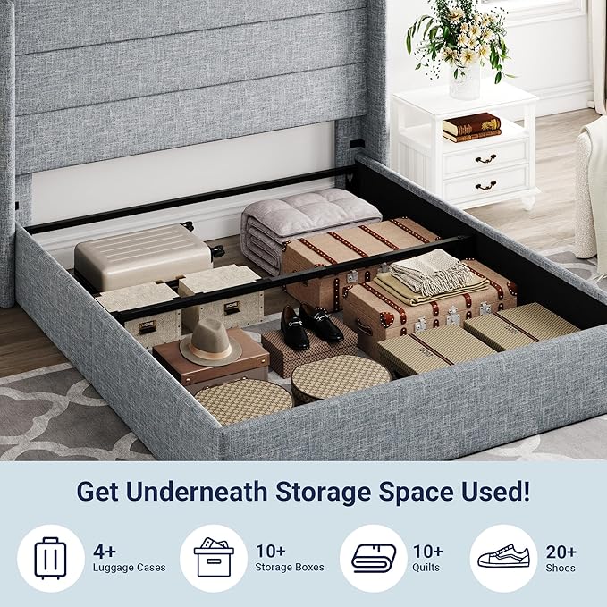 Allewie Queen Size Lift Up Storage Bed, Modern Wingback Headboard, Hydraulic Support, No Box Spring Needed, Grey Blue