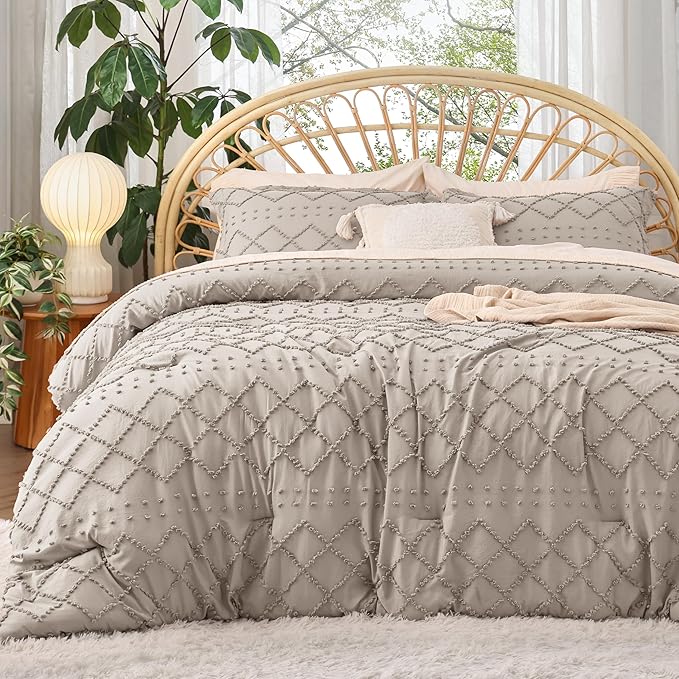 Bedsure King Comforter Set - Linen Comforter, Boho Tufted Shabby Chic Bedding for Kids, 3 Pieces Vintage Farmhouse Bed Set for All Seasons, Fluffy Soft Bedding with 2 Pillow Shams