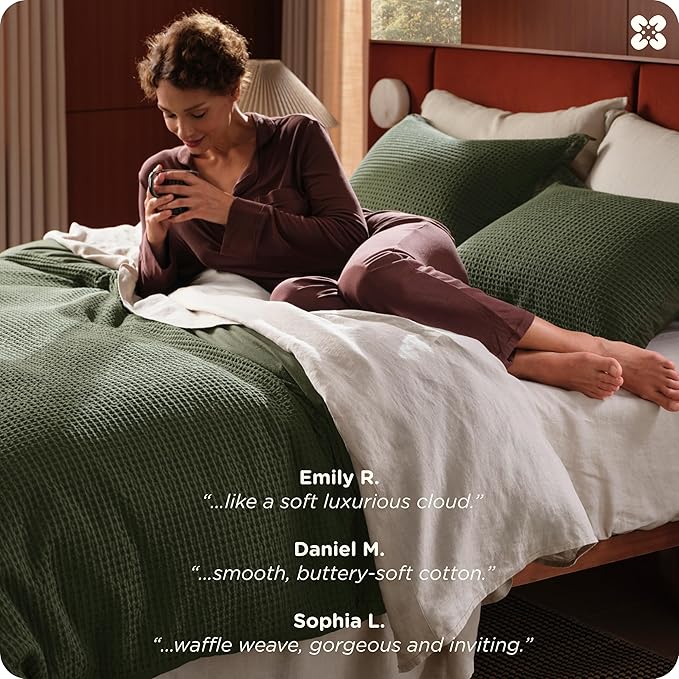Bedsure Cotton Duvet Cover Full - 100% Cotton Waffle Weave Olive Green Duvet Cover Set, GentleSoft™ and Breathable Bedding Set for All Season, 3 Pieces, 80"x90"