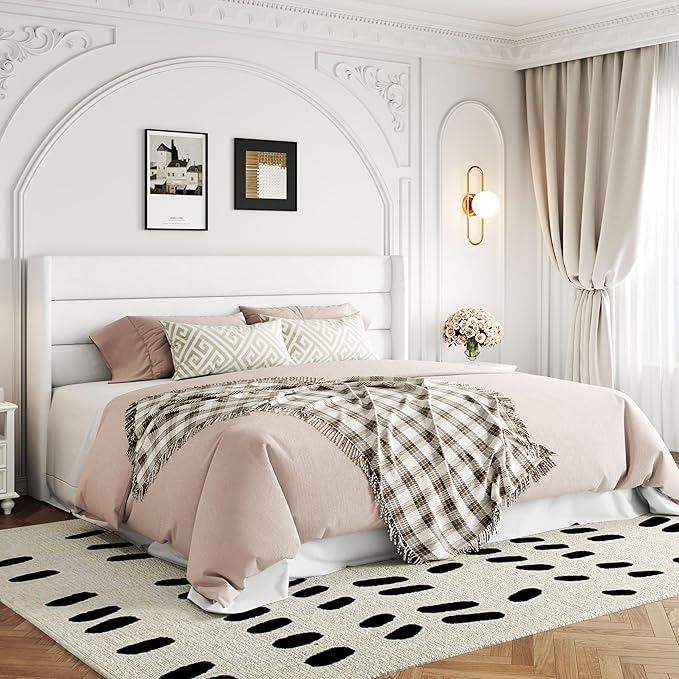 Allewie King Size Velvet Lift Up Storage Bed, Modern Wingback Headboard, Hydraulic Support, No Box Spring Needed, White