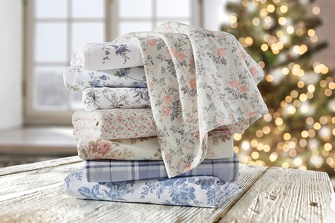 Laura Ashley - Flannel Sheets Twin Size, Anti-Pilling & Wrinkle Resistant Cotton, Touchably Soft for All-Season Comfort - Bed Sheets with Matching Pillowcase & Fitted Sheet (Muholland Plaid Blue)