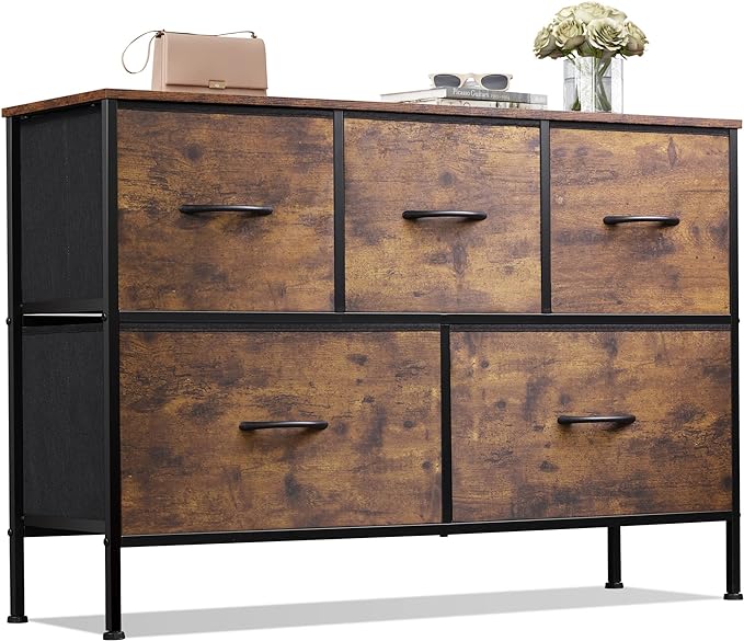 WLIVE Dresser for Bedroom with 5 Drawers, Long Fabric Dresser, Storage Drawer Unit with Fabric Bins for Closet, Hallway, Rustic Brown Wood Grain Print, Size L