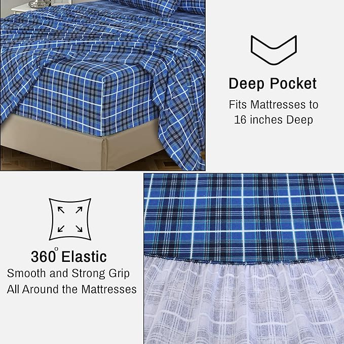 RUVANTI Flannel Sheets Full Size - 100% Cotton Double Brushed Bed Sheets Set, Deep Pockets 16 Inches, All Seasons Breathable & Extra Soft Full Sheets, Warm & Cozy, 4 Piece, Blue Plaid