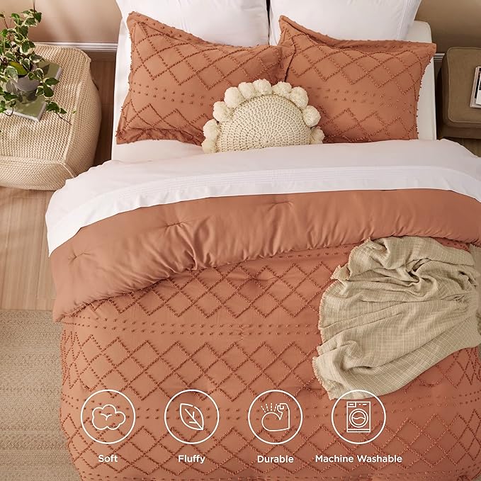 Bedsure California King Comforter Set - Pumpkin Comforter, Boho Tufted Shabby Chic Bedding for Kids, 3 Pieces Vintage Farmhouse Bed Set for All Seasons, Fluffy Soft Bedding with 2 Pillow Shams