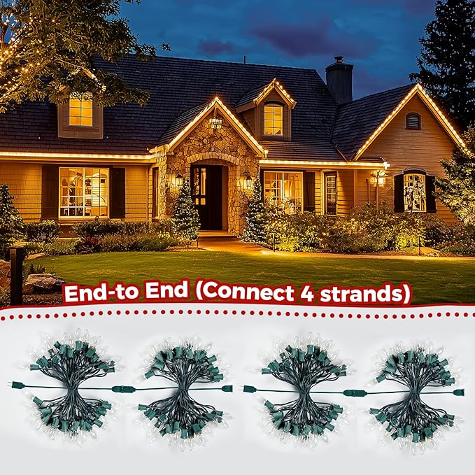 Minetom C9 Clear Christmas String Lights, 25FT 25 Bulbs Bright & Warm Outdoor Christmas Lights, Long Life C9 String Lights for Tree Patio Gazebo Wreath, Green Wire