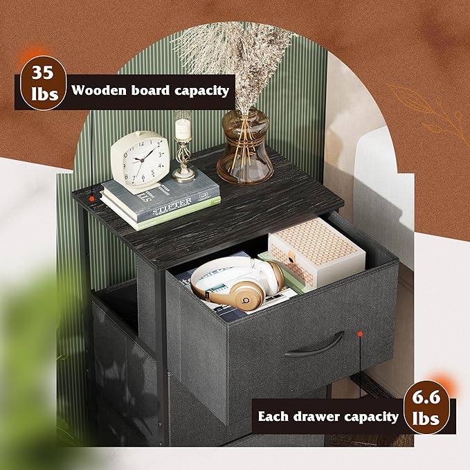 WLIVE Dresser with 3 Drawers, Fabric Nightstand, Organizer Unit, Storage Dresser for Bedroom, Hallway, Entryway, Closets, Sturdy Steel Frame, Wood Top, Easy Pull Handle, Charcoal Black