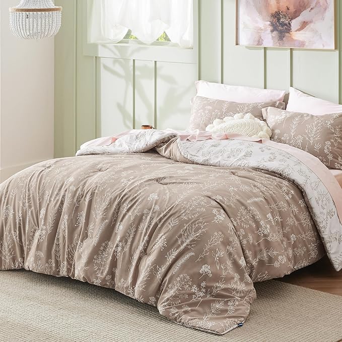 Bedsure California King Comforter Set - Light Taupe Bed Set, 3 Pieces Cute Floral Bedding, 1 Soft Reversible Botanical Flowers Comforter and 2 Pillow Shams