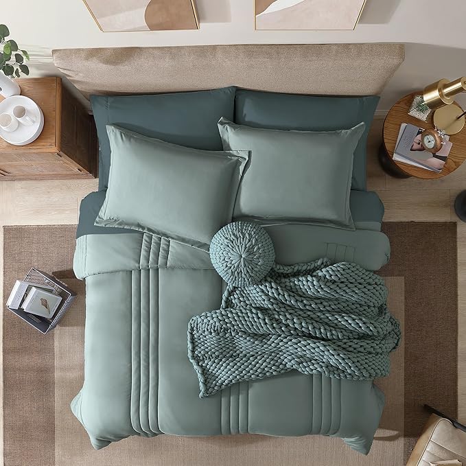 Monbix Oversized Queen Comforter Set - 7 Pieces Sage Green Bed in a Bag Queen Bedding Sets with Comforters, All Seasons Down Alternative Comforter Bed Set with Sheets,Pillowcases & Shams