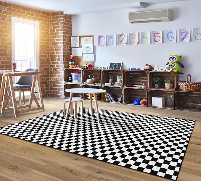 Flagship Carpets Schoolgirl Style Black and White Checkerboard Educational Area Rug for Kids Room Seating Décor, Children's Classroom, Play Carpet for Teaching and Playroom, 7'6" x 12'