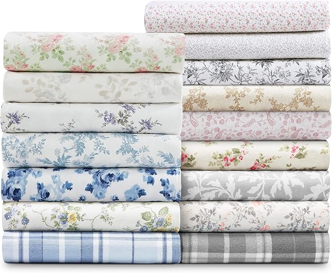 Laura Ashley - Flannel Sheets Queen Size, Anti-Pilling & Wrinkle Resistant Cotton, Touchably Soft for All-Season Comfort - Bed Sheets with Matching Pillowcases & Fitted Sheet (Faye Toile Black)