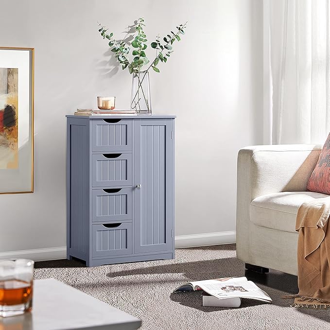 Yaheetech Bathroom Floor Cabinet, Freestanding Storage Organizer Unit Kitchen Cupboard W/ 4 Drawers & Adjustable Shelves, Using for Kitchen/Bathroom, Gray