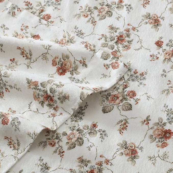 Laura Ashley - Flannel Sheets Queen Size, Anti-Pilling & Wrinkle Resistant Cotton, Touchably Soft for All-Season Comfort - Bed Sheets with Matching Pillowcases & Fitted Sheet (Le Fleur Orange)