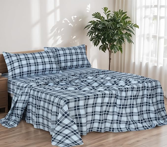 RUVANTI Flannel Sheets Full Size - 100% Cotton Double Brushed Bed Sheets Set, Deep Pockets 16 Inches, All Seasons Breathable & Extra Soft Full Sheets, Warm & Cozy, 4 Piece, Illusion Check