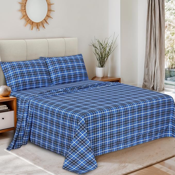 RUVANTI Flannel Sheets Twin XL Size - 100% Cotton Double Brushed Twin XL Sheet Sets, Deep Pockets 16 Inches, All Seasons Breathable & Extra Soft Bed Sheets, Warm & Cozy, 3 Piece, Blue Plaid
