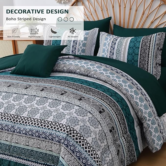 Cottolester Boho Comforter Set Queen Size,8 Pieces Emerald Green Bohemian Striped Bed in a Bag,Paisley Soft Microfiber Bedding Comforter Set