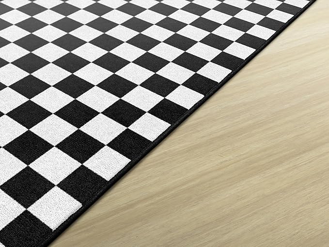 Flagship Carpets Schoolgirl Style Black and White Checkerboard Educational Area Rug for Kids Room Seating Décor, Children's Classroom, Play Carpet for Teaching and Playroom, 7'6" x 12'