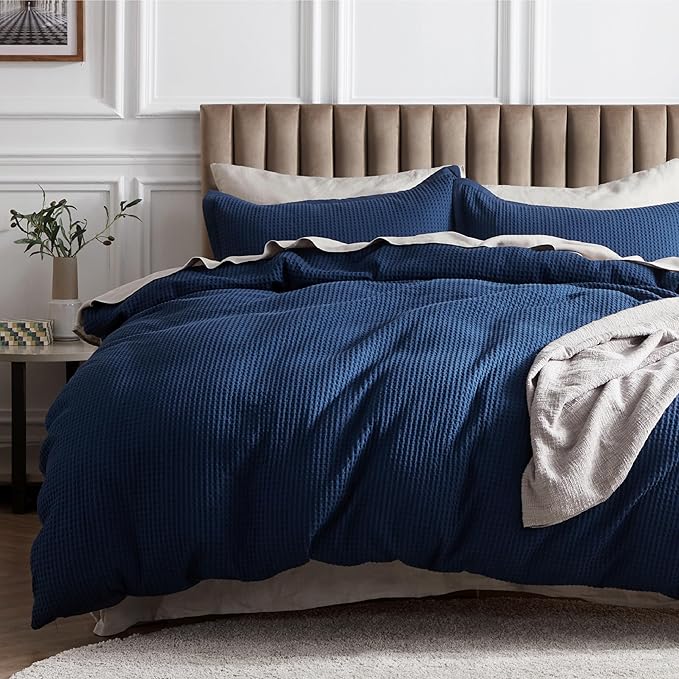 Bedsure Cotton Duvet Cover Set - 100% Cotton Waffle Weave Navy Duvet Cover California King, GentleSoft™ and Breathable Cal King Bedding Set for All Season, 3 Pieces, 104"x98"