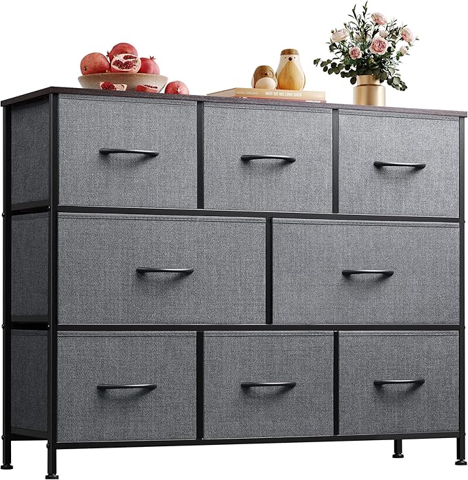 WLIVE 8 Drawer Dresser for Bedroom, Fabric Dresser with Large Storage Drawer Unit for Entryway, Chest of Drawers for Living Room, Dark Grey