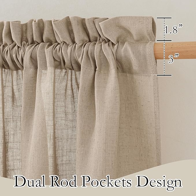 RYB HOME Natural Linen Blend Sheer Curtains for Kitchen, Semi Sheer Light Filtering Privacy Protected Rod Pocket Curtain Panels for Small Window, 52 x 45 inch, Khaki, 2 Panels Set