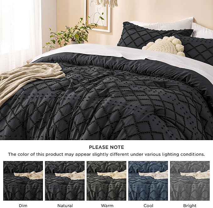 Bedsure Full Comforter Set - Black Comforter, Boho Tufted Shabby Chic Bedding for Kids, 3 Pieces Vintage Farmhouse Bed Set for All Seasons, Fluffy Soft Bedding with 2 Pillow Shams
