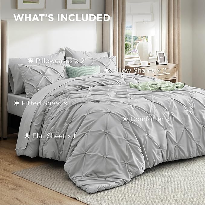 Bedsure Twin Comforter Set Light Grey - Bed in a Bag Twin Size Bedding 5 Pieces, GentleSoft™ Pintuck Bed Set Gift for Family, Pinch Pleat Light Grey Comforter with Sheets, Pillowcase & Sham