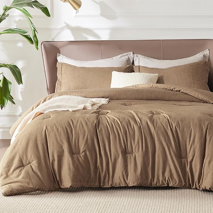 Bedsure King Size Comforter Set - Brown Soft Bedding for All Seasons, Cationic Dyed Bed Set, 3 Pieces, 1 King Size Comforter (104"x90") and 2 Pillow Shams (20"x36"+2")