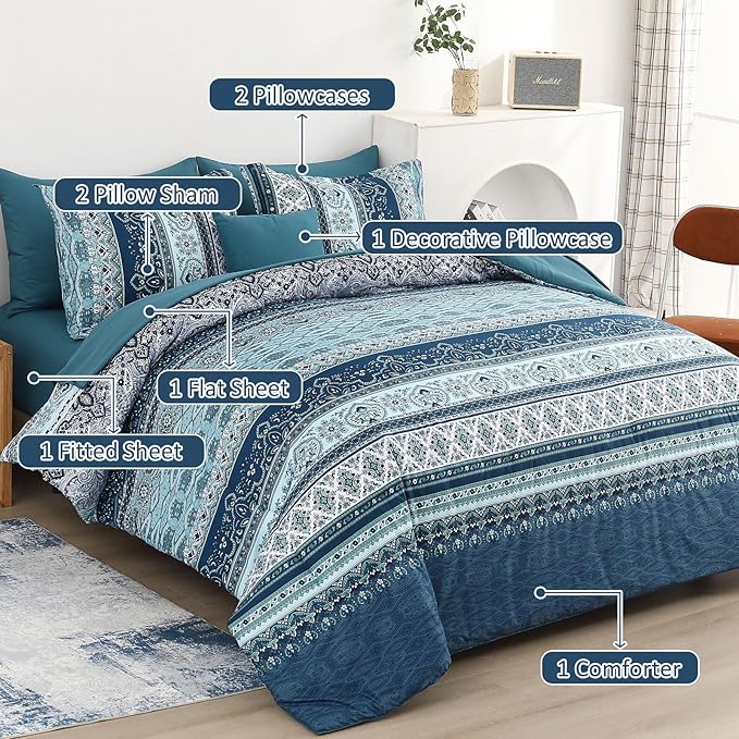Boho Comforter Set King Size 8 Pieces, Teal Blue Comforter Bohemian Striped Bed in A Bag, Soft Microfiber Bedding Set for All Seasons