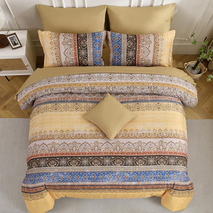 Boho King Size Comforter Set 8 Pieces, Yellow Bohemian Striped Bed in a Bag, Paisley Soft Microfiber Bedding Comforter Set
