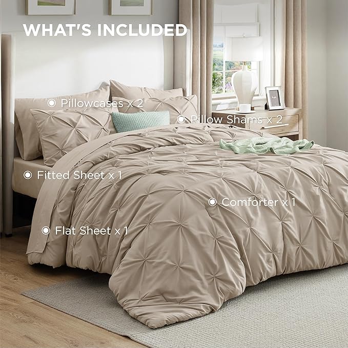 Bedsure King Size Comforter Set Beige - Bed in a Bag Bedding Set 7 Pieces, GentleSoft™ Pintuck Bed Set Gift for Family, Pinch Pleat Beige Comforter with Sheets, Pillowcases & Shams