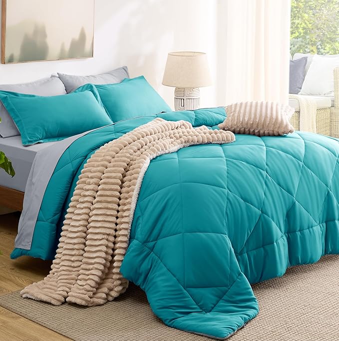 Bedsure Full Size Comforter Set - 7 Pieces Reversible Teal Bedding, Full Size Bed Set for All Seasons, Bed in a Bag with Down Alternative Comforter, Sheets, Pillowcases & Shams