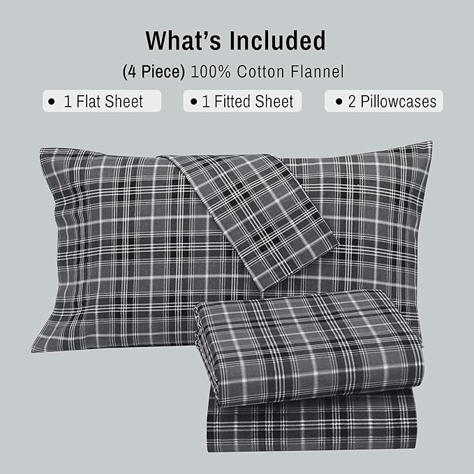 RUVANTI Flannel Sheets Full Size - 100% Cotton Double Brushed Bed Sheets Set, Deep Pockets 16 Inches, All Seasons Breathable & Extra Soft Full Sheets, Warm & Cozy, 4 Piece, Grey Plaid