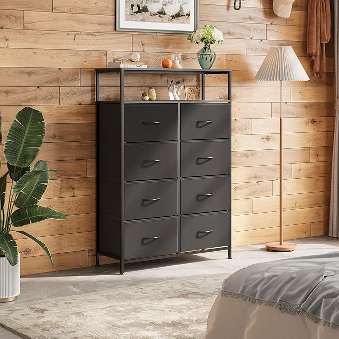 WLIVE Fabric Dresser for Bedroom with Open Shelves, Tall White Dresser with 8 Drawers, Storage Tower with Fabric Bins, Chest of Drawers for Closet, Hallway