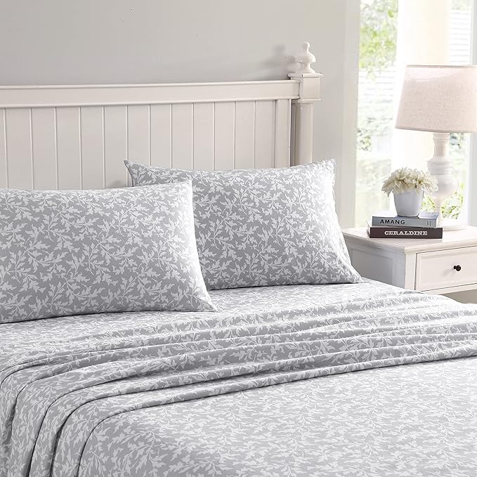 Laura Ashley - Flannel Sheets King Size, Anti-Pilling & Wrinkle Resistant Cotton, Touchably Soft for All-Season Comfort - Bed Sheets with Matching Pillowcases & Fitted Sheet (Crestwood Pastel Grey)