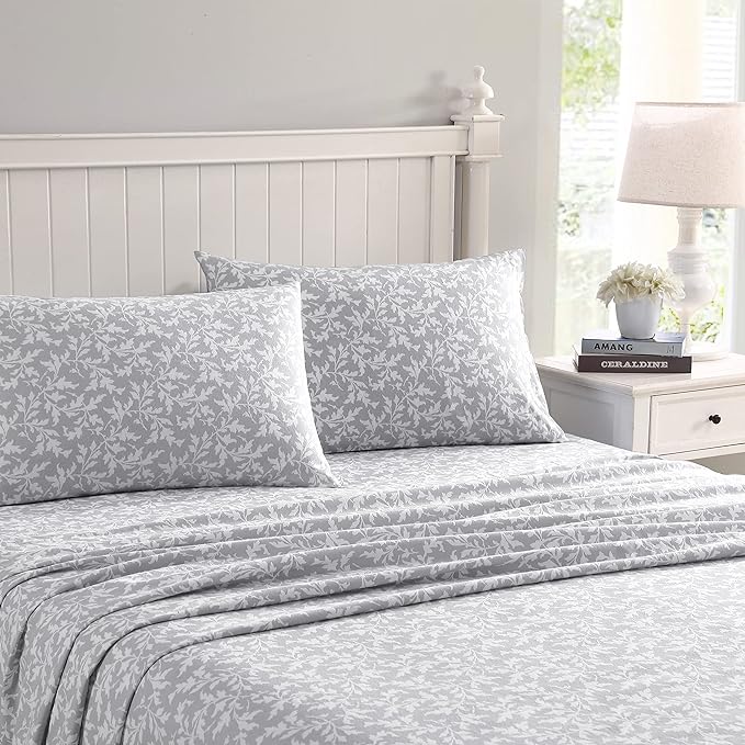 Laura Ashley - Flannel Sheets Twin Size, Anti-Pilling & Wrinkle Resistant Cotton, Touchably Soft for All-Season Comfort - Bed Sheets with Matching Pillowcase & Fitted Sheet (Crestwood Pastel Grey)