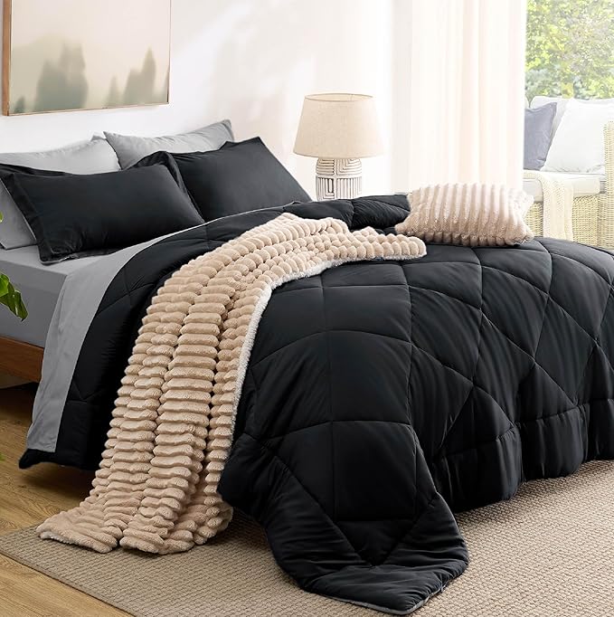 Bedsure Twin Comforter Set - 5 Pieces Reversible Black Bedding, Twin Size Bed Set for All Seasons, Bed in a Bag with Down Alternative Comforter, Sheets, Pillowcase & Sham