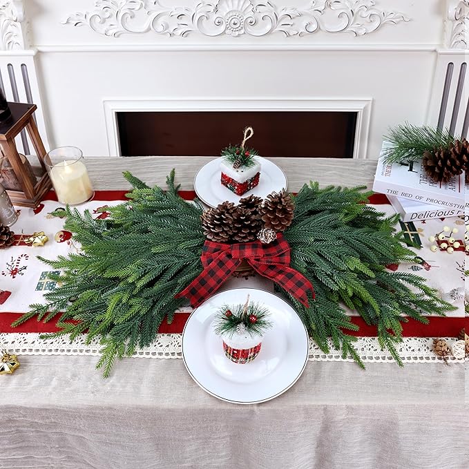 24 Pcs Pine Branches Artificial Green Pine Stem - Real Touch Christmas Greenery Pines Branch for Vase DIY Crafts Flower Arrangement Home Indoor Christmas Decor(18 Inch)