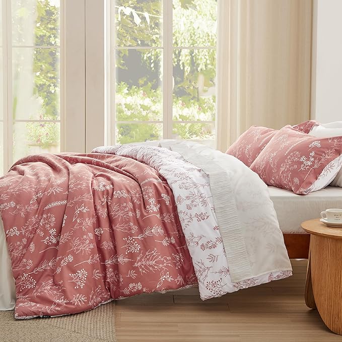 Bedsure King Comforter Set - Grayish Pink Bed Set, 3 Pieces Cute Floral Bedding, 1 Soft Reversible Botanical Flowers Comforter and 2 Pillow Shams