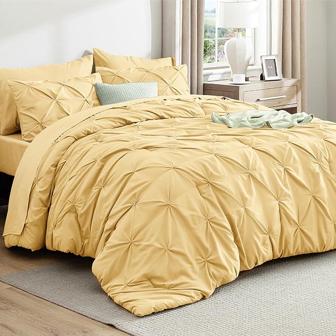 Bedsure Full Comforter Set Yellow - Bed in a Bag Full Size 7 Pieces, GentleSoft™ Pintuck Bed Set Gift for Family, Pinch Pleat Yellow Comforter with Sheets, Pillowcases & Shams