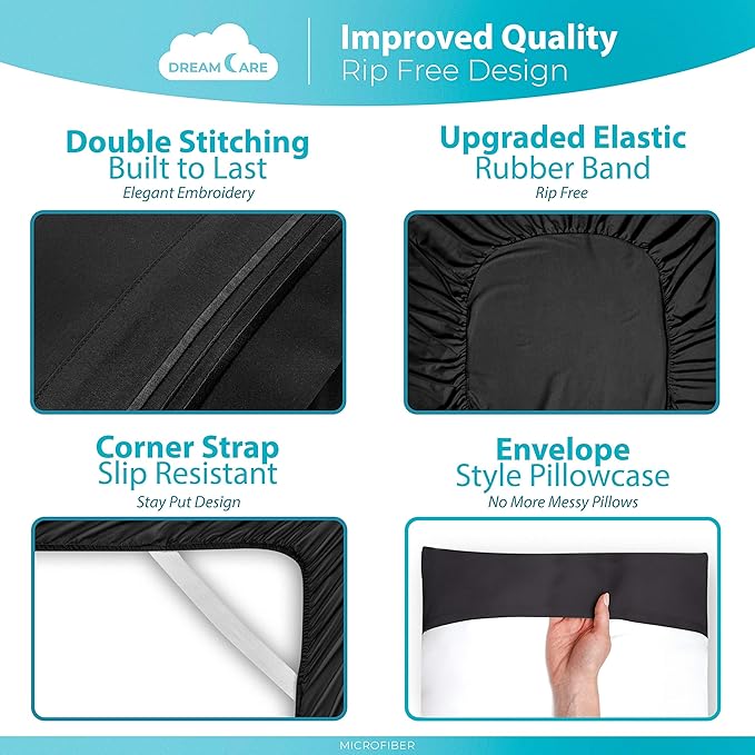 DREAMCARE Sheets Full Size Bed - Cooling Bed Sheets - 6pcs Set - Full Sheet Set - Full Size Sheets - Full Size Sheet Sets Soft & Long Lasting 100% Fine Brushed Polyester with Side Pocket - Black