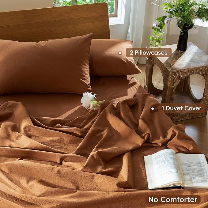 MooMee Bedding Duvet Cover Set 100% Washed Cotton Linen Like Textured Breathable Durable Soft Comfy (Solid Dark Orange, Oversized Queen 98"x98")