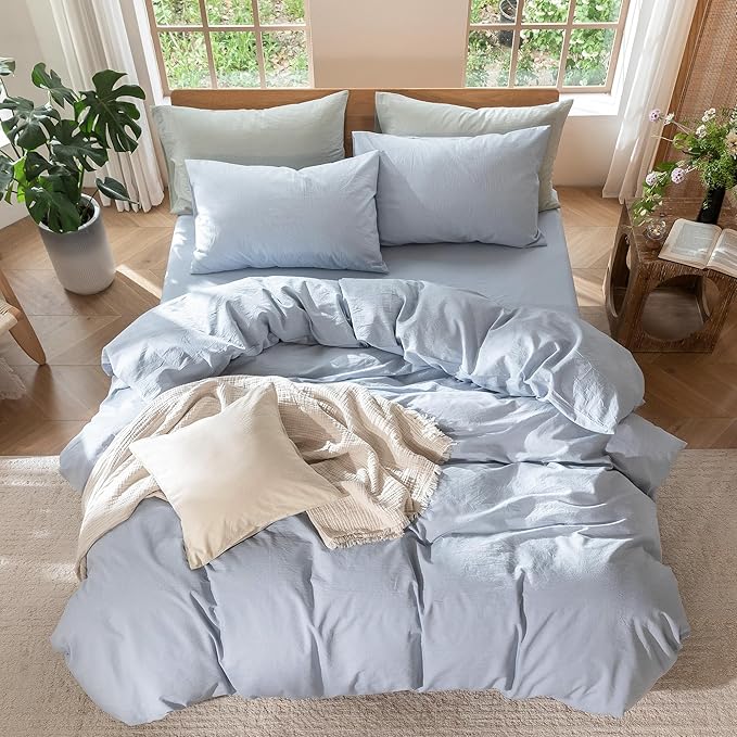 MooMee Bedding Duvet Cover Set 100% Washed Cotton Linen Like Textured Breathable Durable Soft Comfy (Heathered Cornflower Blue, Palatial King/Oversized King 120"x98")