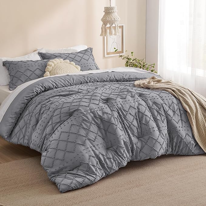 Bedsure Full Comforter Set - Grey Comforter, Boho Tufted Shabby Chic Bedding for Kids, 3 Pieces Vintage Farmhouse Bed Set for All Seasons, Fluffy Soft Bedding with 2 Pillow Shams