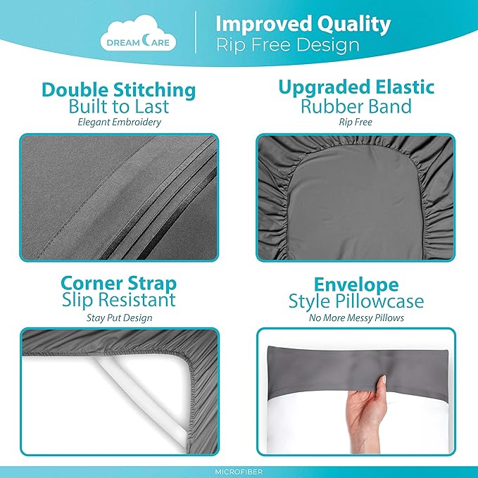 DREAMCARE Queen Sheet Set – 6 pcs Cooling Bed Sheets – up to 21” Deep Pocket Queen Sheets Set – 2500 Supreme Collection – Extra Soft 100% Brushed Microfiber Hotel Luxury with Side Pocket – Gray