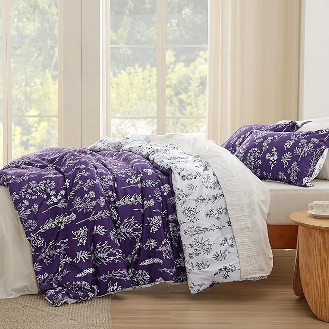 Bedsure Full Comforter Set - Dark Purple Bed Set, 3 Pieces Cute Floral Bedding, 1 Soft Reversible Botanical Flowers Comforter and 2 Pillow Shams