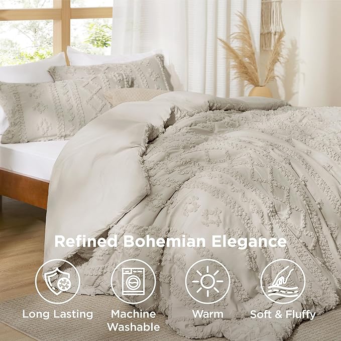 Bedsure Tufted Boho Comforter Set Oversized King - Linen Boho Bed Set, GentleSoft™ 3 Pieces Farmhouse Shabby Chic Embroidery Bedding, Gifts for Woman, Soft Jacquard Comforter for All Seasons