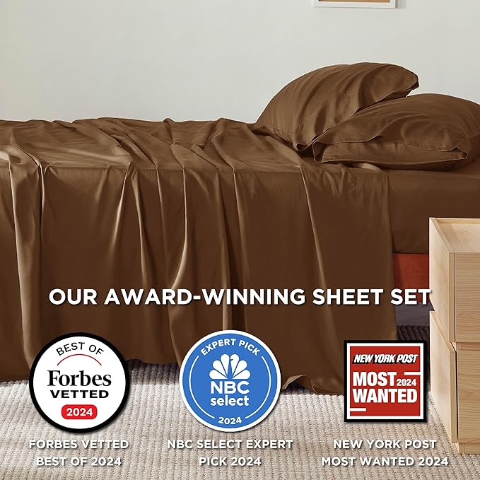 Bedsure California King Sheet Sets, Cooling Sheets for Hot Sleepers, Rayon Derived from Bamboo, Breathable & Soft, Deep Pocket Up to 16 Inches, Hotel Luxury Silky Bedding, Brown
