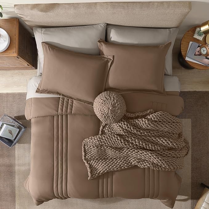 Monbix King Size Comforter Set - 7 Pieces Bed in a Bag King, Raw Umber Bedding Sets with Comforter, All Seasons Down Alternative Comforter Bed Set with Sheets, Pillowcases & Shams