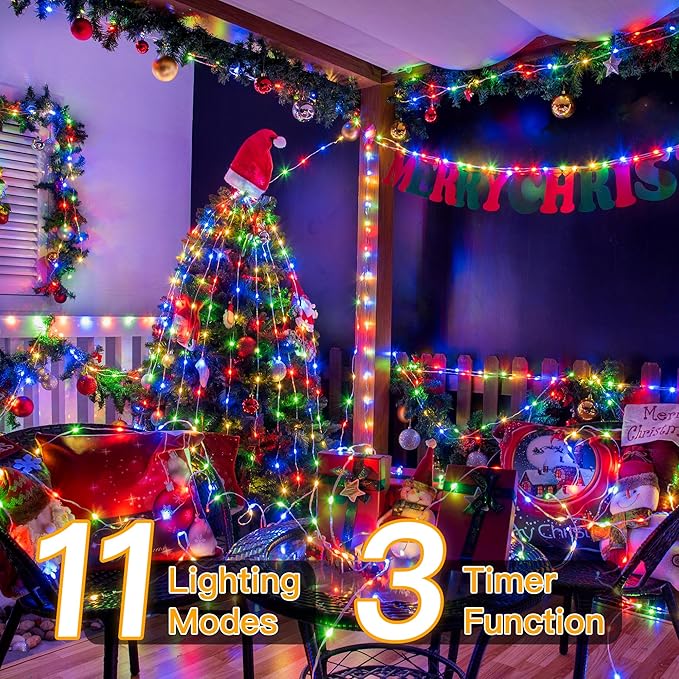 Ollny Christmas Lights Warm and Multicolor, 600LED 197FT Christmas Tree Lights IP67 Waterproof, Plug in Fairy Light with Remote 11 Modes Timer, Xmas Light for Outdoor Indoor House Holiday