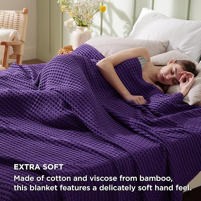 Bedsure Cooling Cotton Waffle Queen Size Blanket - Lightweight Breathable Blanket of Rayon Derived from Bamboo for Hot Sleepers, Luxury Throws for Bed, Couch and Sofa, Purple, 90x90 Inches
